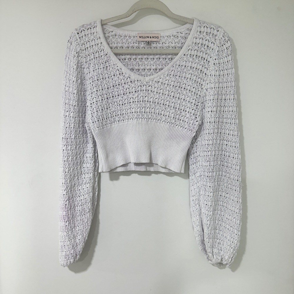 Willow & Wind‎ Sweater Crop Top Womens Medium White Cotton Open Knit V-Neck Boho